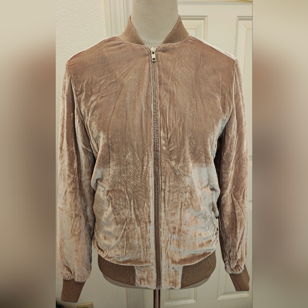 New Madewell Champagne & Taupe Crushed Velvet & Silk Bomber Jacket.